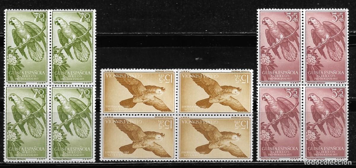 Sellos: GUINEA 1957, SERIE EDIFIL 365/67 EN BLOQUE DE 4. - PRO INDIGENAS - AVES. MNH.