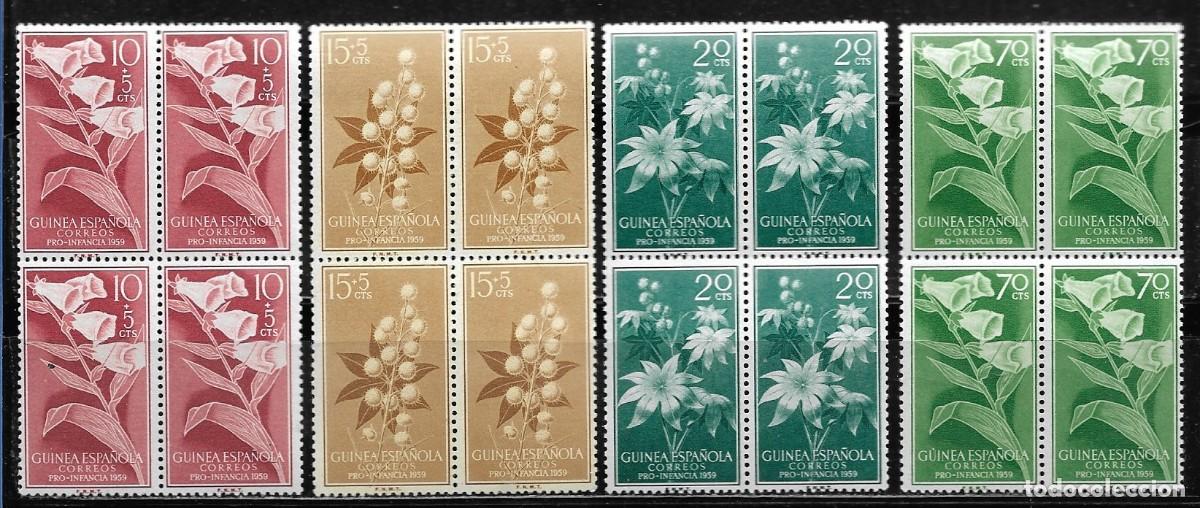 Sellos: GUINEA 1959, SERIE EDIFIL 391/394 EN BLOQUE DE 4. - PRO INFANCIA - FLORA. MNH.