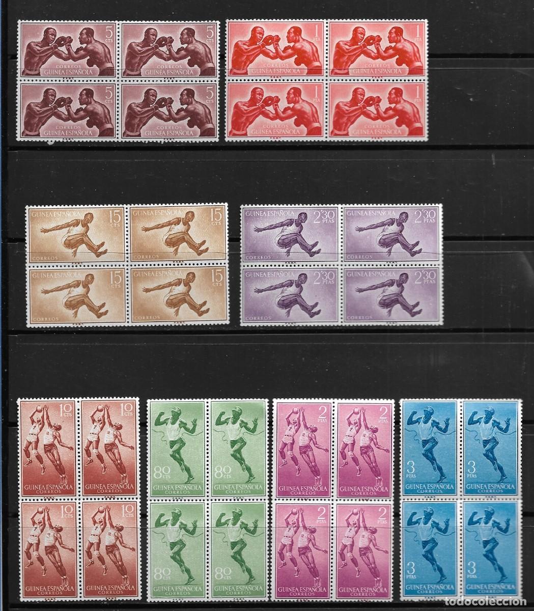 Sellos: GUINEA 1958, SERIE EDIFIL 376/383 EN BLOQUE DE 4 - SERIE B&Aacute;SICA - DEPORTES. MNH.