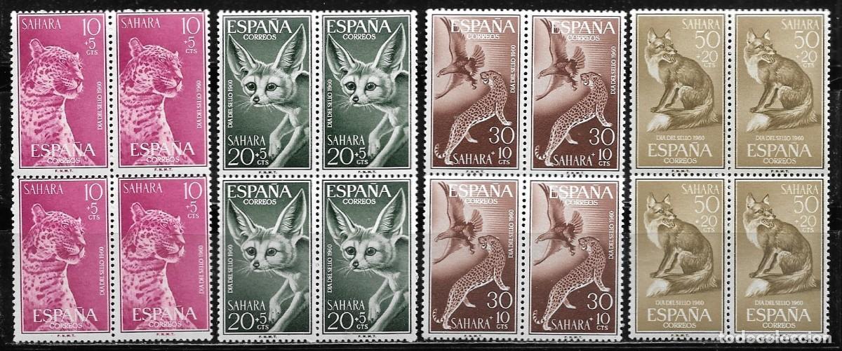Sellos: SAHARA 1960, SERIE EDIFIL 176/79 EN BLOQUE DE 4. - D&Iacute;A DEL SELLO - ANIMALES. MNH.