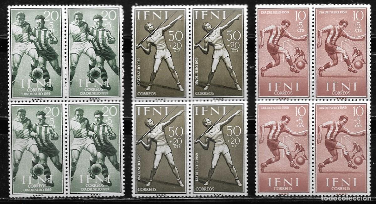 Stamps: IFNI 1959, SERIE EDIFIL 156/58 EN BLOQUE DE 4. - D&Iacute;A DEL SELLO, DEPORTES. MNH.