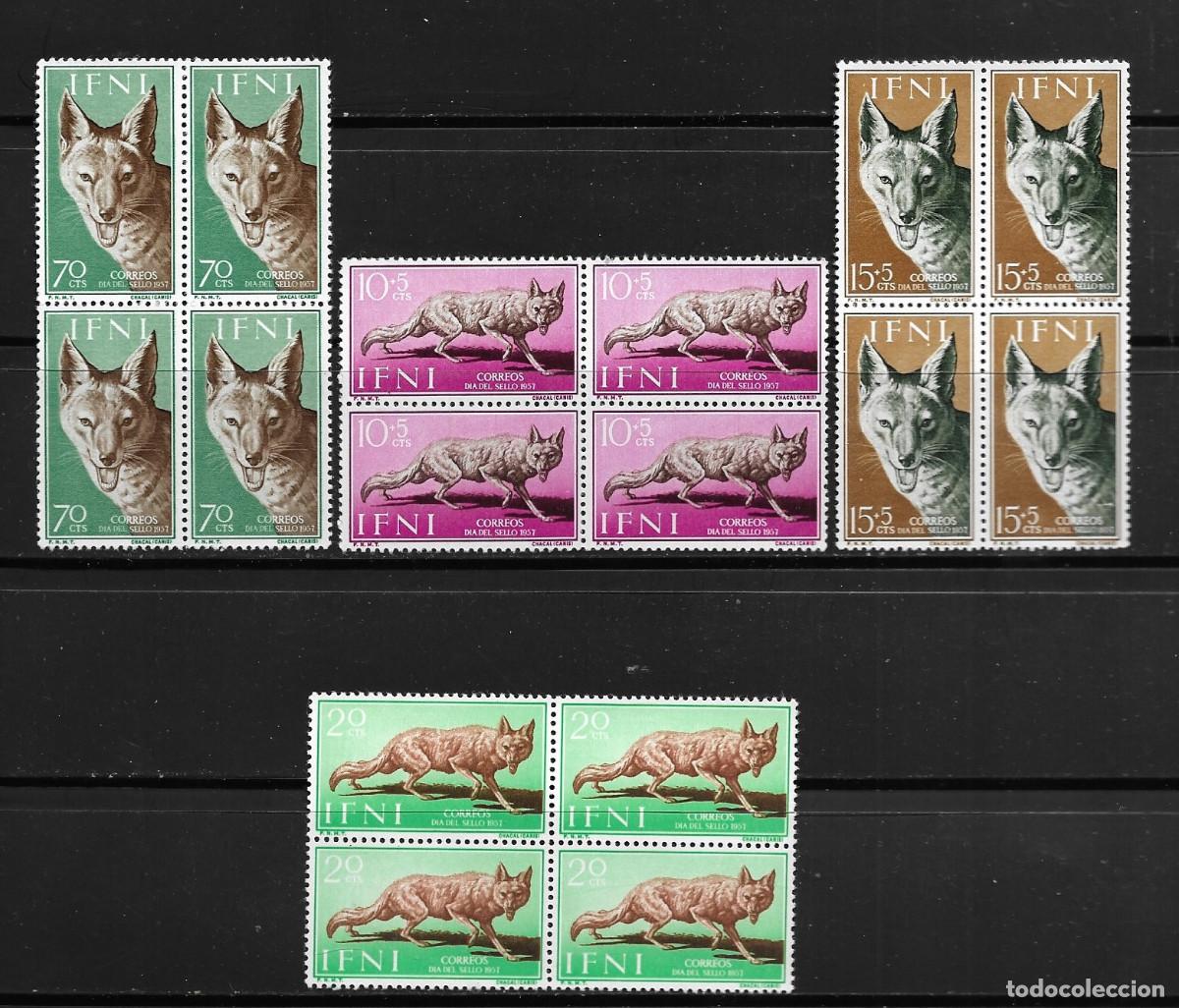 Stamps: IFNI 1957, EDIFIL 138/141 EN BLOQUE DE 4. - D&Iacute;A DEL SELLO - ANIMALES. MNH.