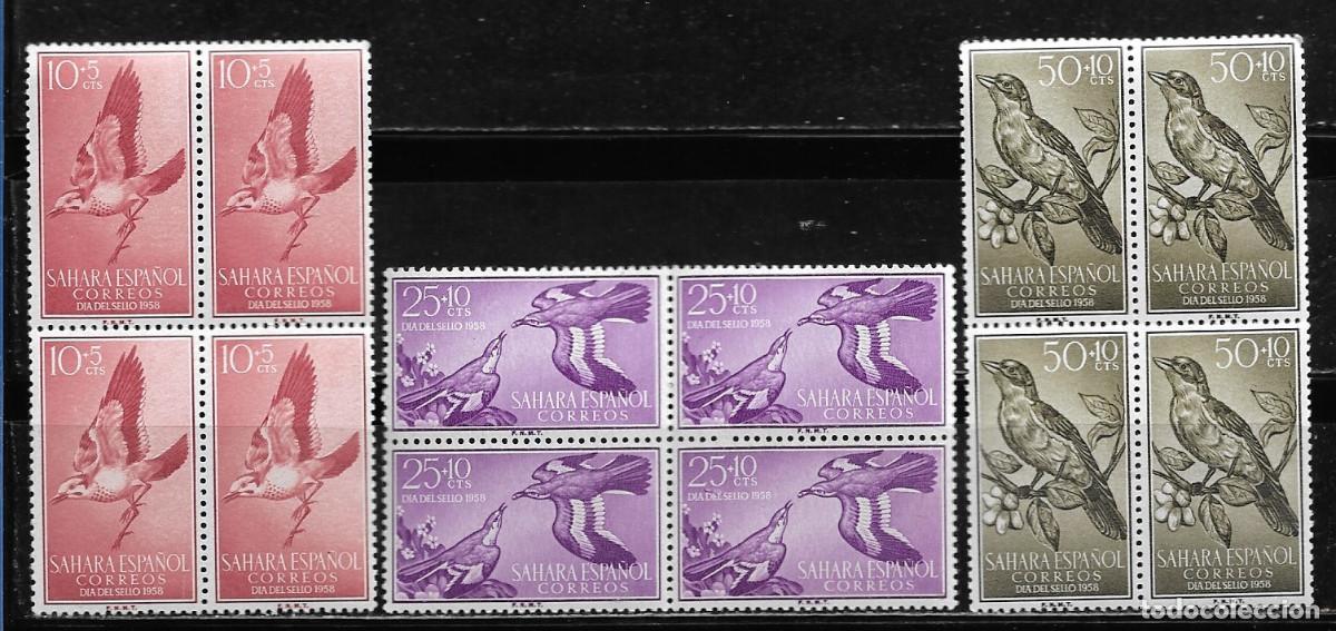 Sellos: SAHARA 1958, SERIE EDIFIL 153/55 EN BLOQUE DE 4. - D&Iacute;A DEL SELLO . MNH.
