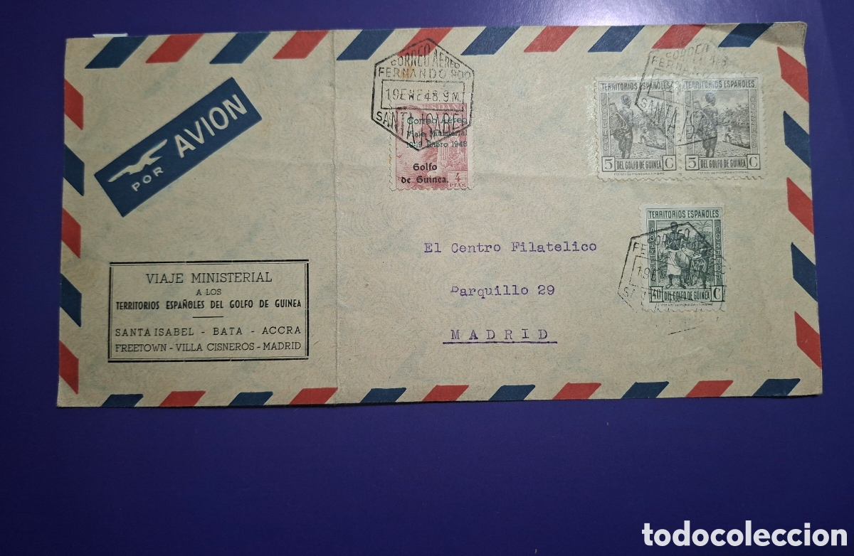 Sellos: Sobre Historia Postal Guinea Espa&ntilde;ola 1948 - Viaje Ministerial a Madrid