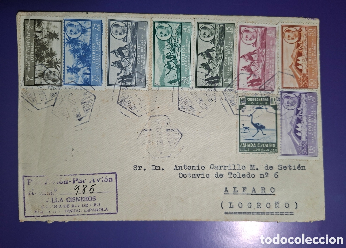 Sellos: HISTORIA POSTAL COLONIAL: Sobre Circulado Correo A&eacute;reo Villa Cisneros (R&iacute;o de Oro) a Alfaro