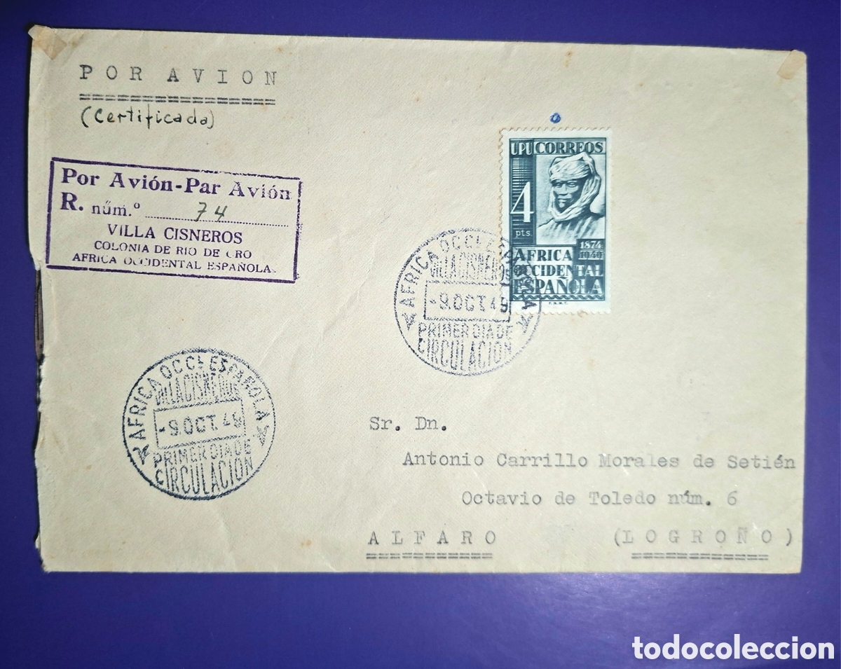Sellos: 1946 Sobre Primer D&iacute;a Villa Cisneros (&Aacute;frica Occidental Espa&ntilde;ola) R&iacute;o de Oro a Alfaro Logro&ntilde;o