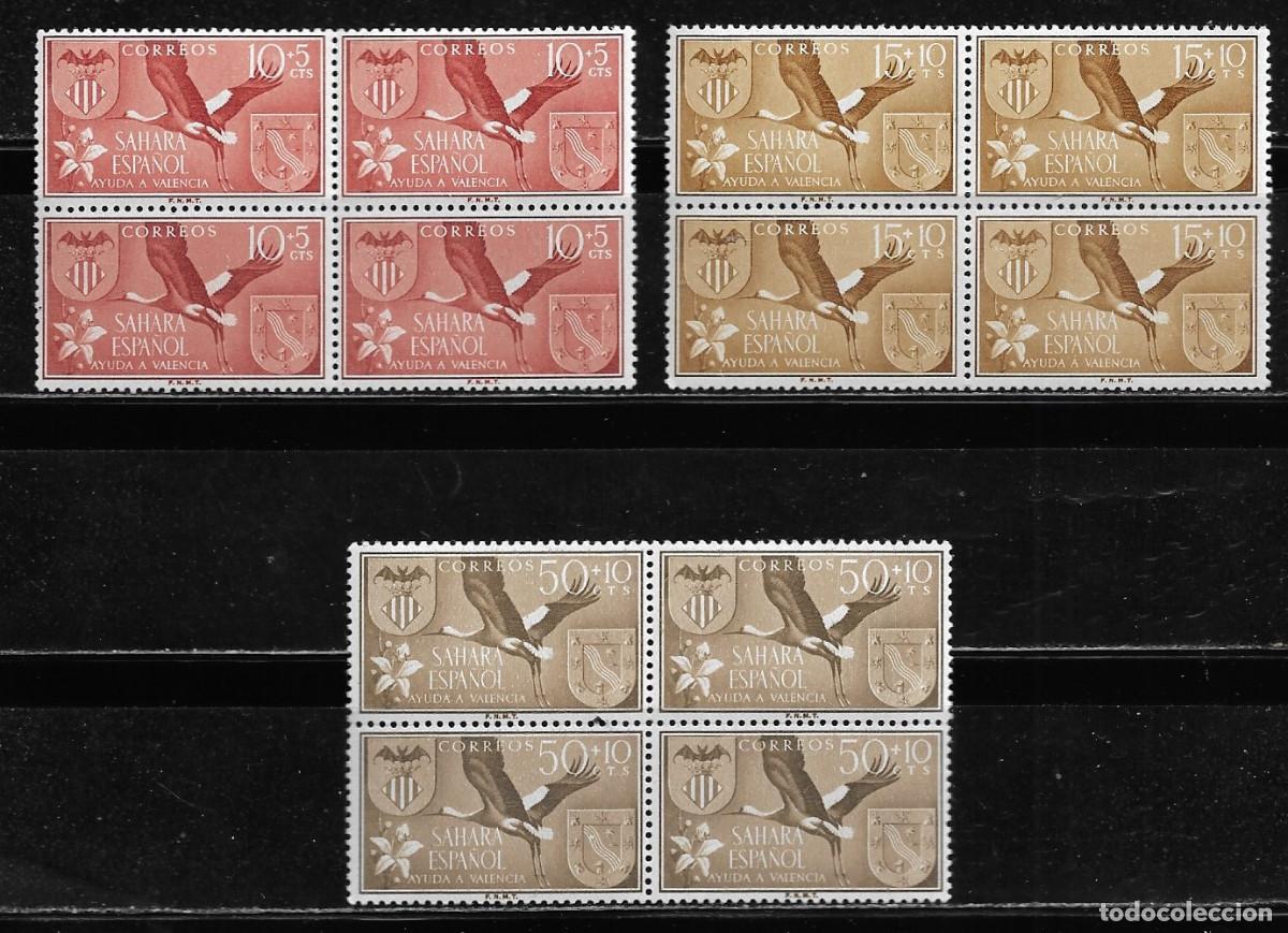 Sellos: SAHARA 1958, SERIE EDIFIL 146/148 EN BLOQUE DE 4 .- AYUDA A VALENCIA . MNH.