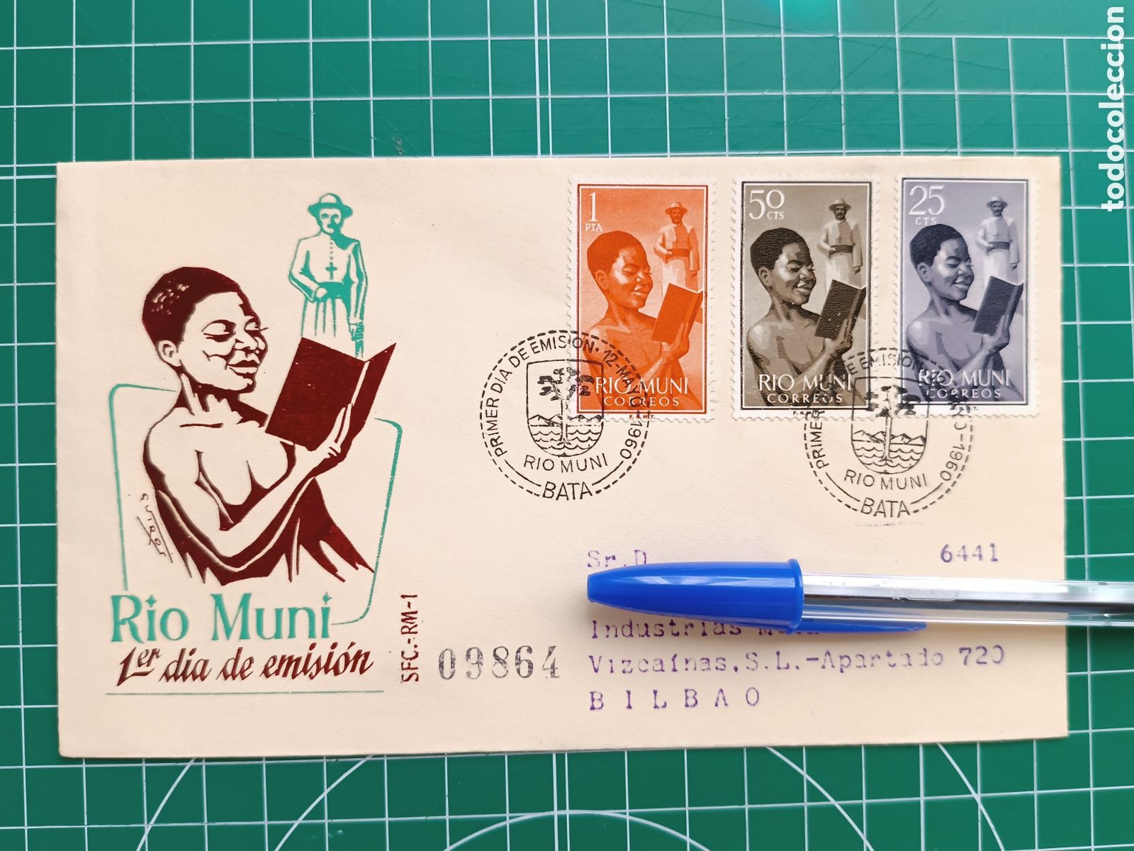 Sellos: (Circulado) 1960 RIO MUNI (Bata, 12-Mayo-60) SPD - Primer d&iacute;a de emisi&oacute;n - Edifil 1, 4, 9