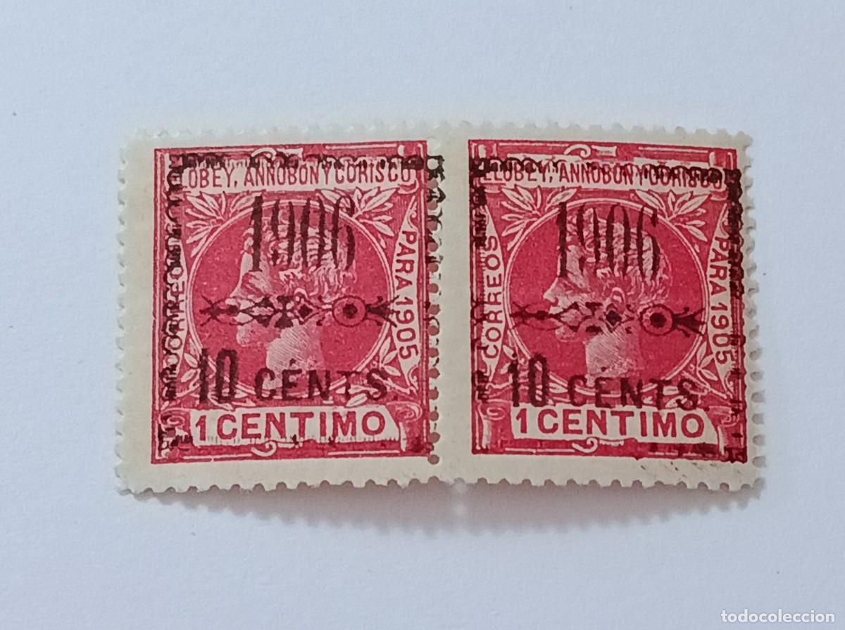 Sellos: Sellos Elobey, Annob&oacute;n y Corisco 1906 Habilitado. Edifil 34A, Pareja Y Nuevos.