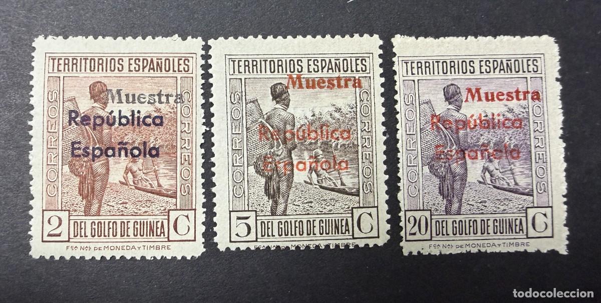 Sellos: GUINEA ESPA&Ntilde;OLA, 1932. EDIFIL 231, 232 Y 235. REP&Uacute;BLICA ESPA&Ntilde;OLA. MUESTRA. NUEVOS. SIN FIJASELLOS