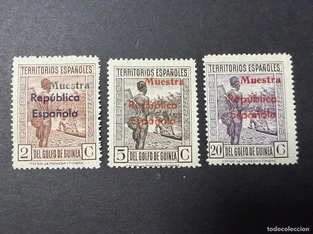 Sellos: GUINEA ESPA&Ntilde;OLA, 1932. EDIFIL 231, 232 Y 235. REP&Uacute;BLICA ESPA&Ntilde;OLA. MUESTRA. NUEVOS. SIN FIJASELLOS