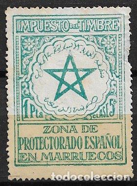 Sellos: MARRUECOS Impuesto del Timbre, Zona Protectorado, 1 pta verde azulado (*) Clase 5&ordf;