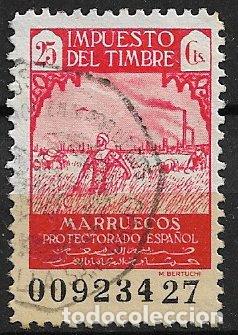 Sellos: MARRUECOS Impuesto del Timbre, Zona Protectorado, 25 cts. carm&iacute;n (o)