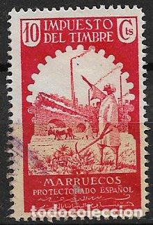 Sellos: MARRUECOS Impuesto del Timbre, Zona Protectorado, 10 cts. carm&iacute;n (o)
