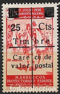 Sellos: MARRUECOS Beneficencia, habilitado Promutilados, 25 cts sobre 30 cts. rojo (o)