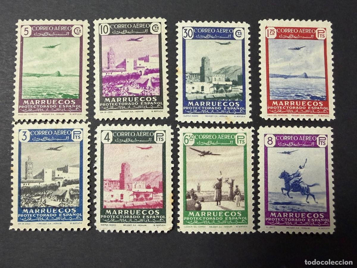 Sellos: MARRUECOS, 1949. EDIFIL 297/304. PAISAJES Y AERONAVES. NUEVOS. CON FIJASELLOS