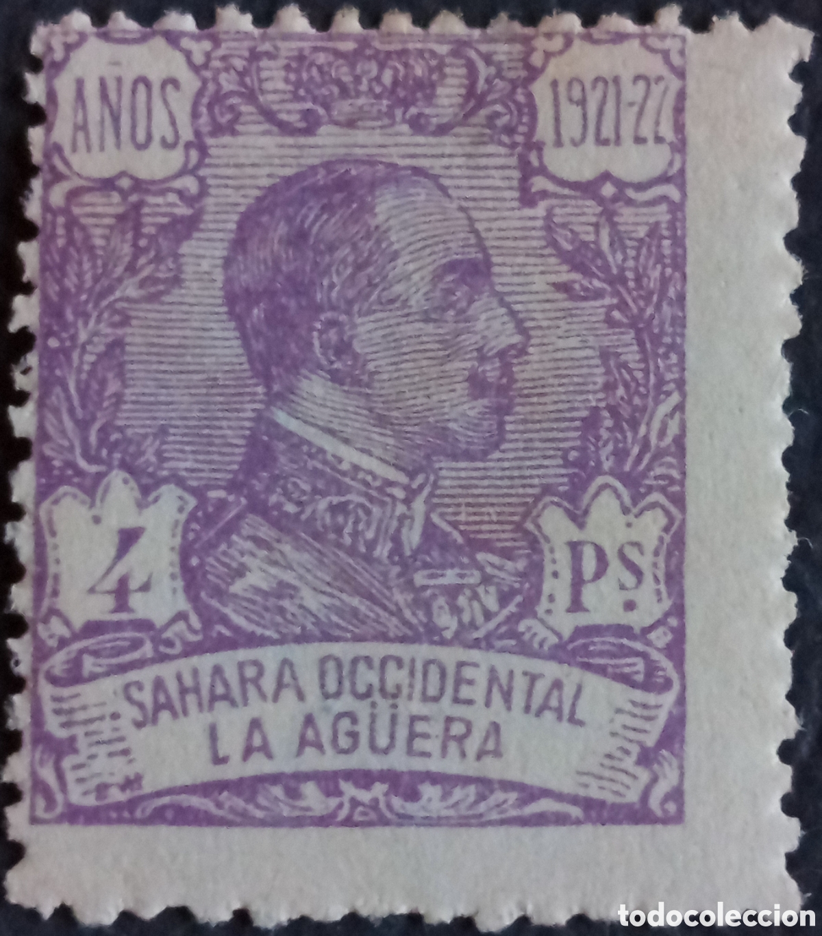 Sellos: La Ag&uuml;era Sahara 1921-22 4 Ps Violeta Alfonso XIII Scott 11 N&ordm; Control 6 MH