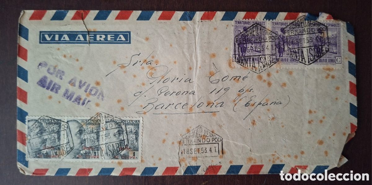 Sellos: Carta enviada fernado Poo a Barcelona sellos 1953 por avion