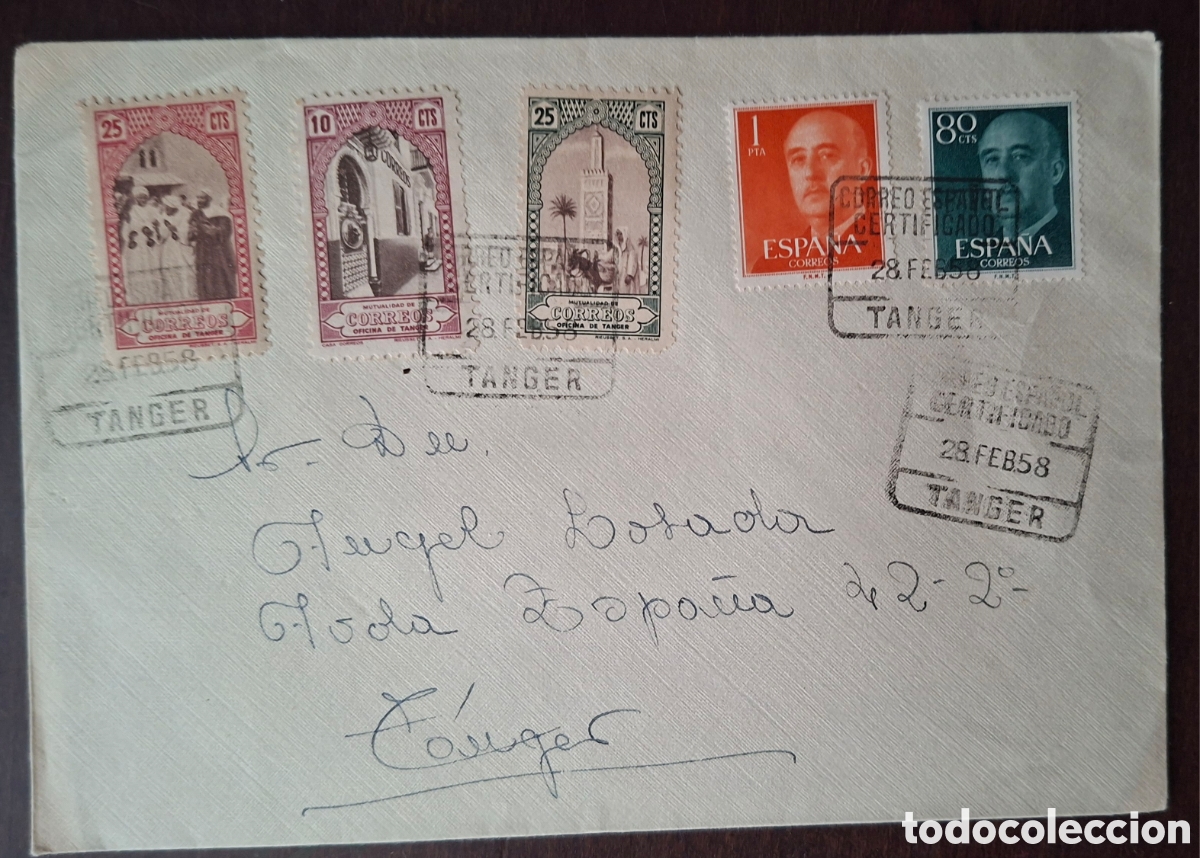 Sellos: Carta certificado con sellos Mutualidad de correos Tanger y franco 1958