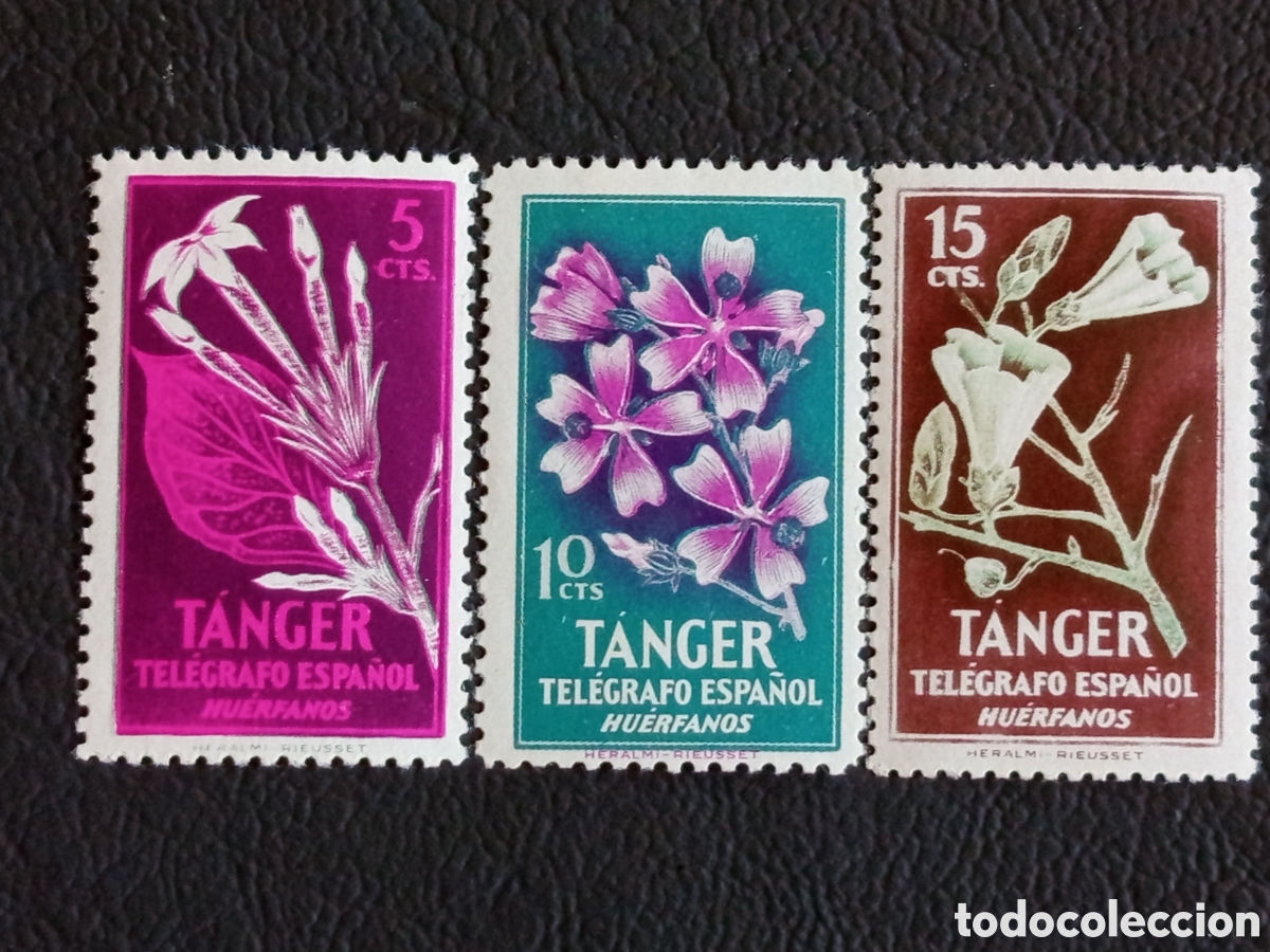 Sellos: Lote 3 Sellos T&aacute;nger 1951 Tel&eacute;grafo Espa&ntilde;ol Hu&eacute;rfanos Flores MNH.