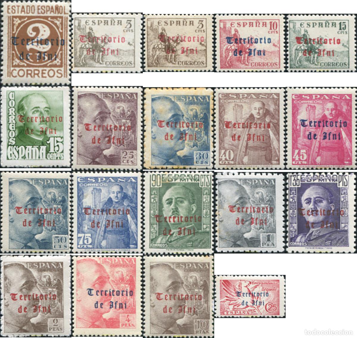 Sellos: 595251 HINGED IFNI 1948 MOTIVOS VARIOS. SELLOS DE ESPA&Ntilde;A DE 1938-1949 SOBREIMPRESOS