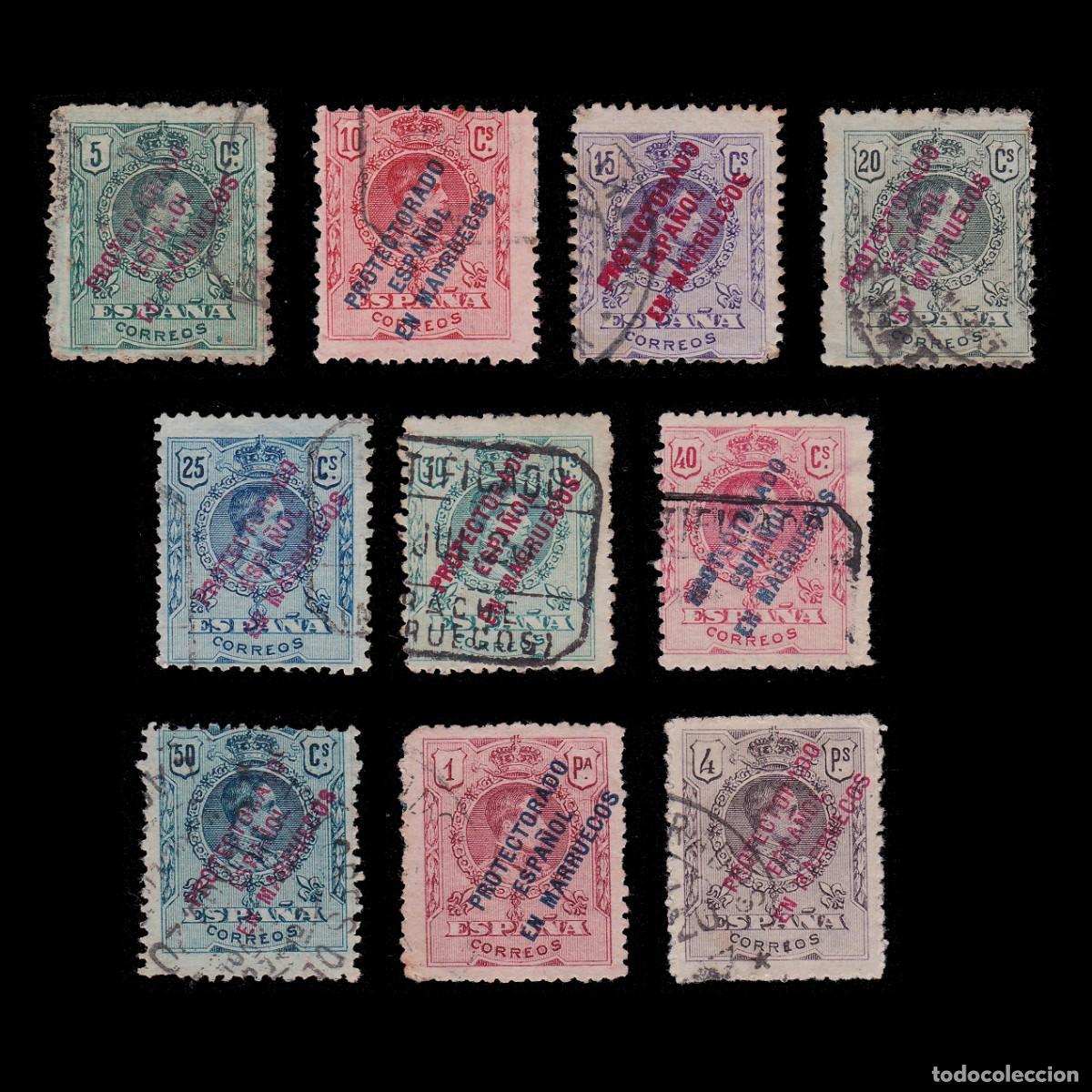 Sellos: MARRUECOS. ESPA&Ntilde;A. 1915. EDIFIL 45-54 MATASELLO + OBSEQUIO
