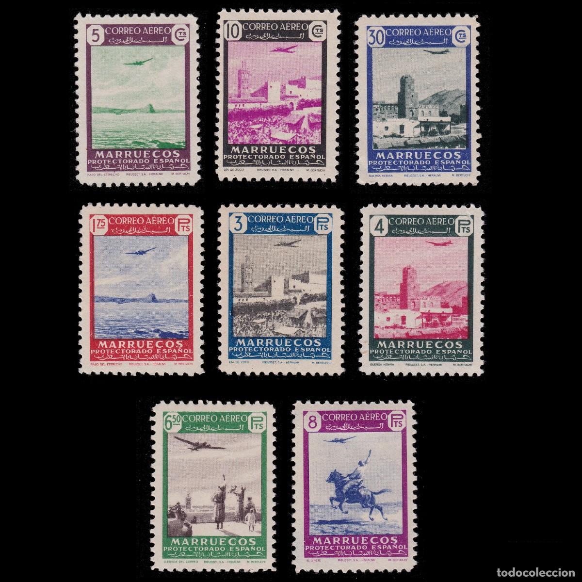 Sellos: MARRUECOS. ESPA&Ntilde;A. 1949. Paisajes Avi&oacute;n. Serie MNH-MH EDIFIL 297-304 + OBSEQUIO