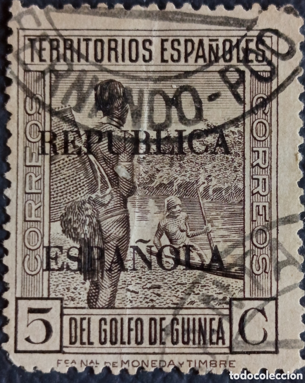 Sellos: Sello Guinea Espa&ntilde;ola 1931 Rep&uacute;blica 5c Marr&oacute;n Usado (Michel 184)