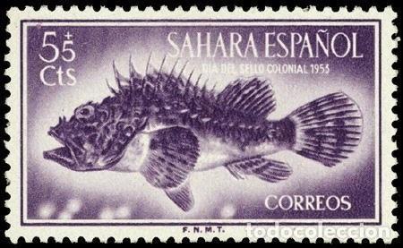 Sellos: Sahara Espa&ntilde;ol 1953 Edifil 108 Sello ** Dia Sello Fauna Peces Cabracho (Scorpaena scrofa) Michel 139