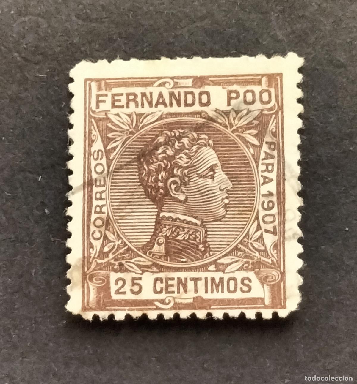 Sellos: SELLO FERNANDO POO 25 C. CASTA&Ntilde;O NEGRUZCO 1907 Alfonso XIII. Edifil 159.