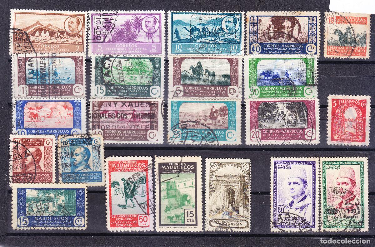 Sellos: 22 SELLOS MARRUECOS Y AFRICA OCC. COLONIA ESPA&Ntilde;A - DIFERENTES - LOS DE LA IMAGEN.