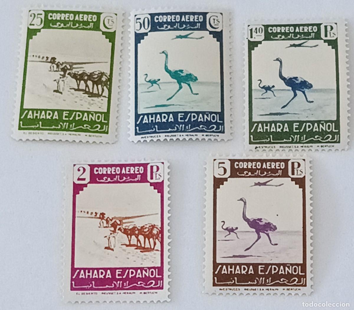 Sellos: Sellos excolonias espa&ntilde;olas Sahara 1943, edifil 76/77, 79/81, Fauna y avi&oacute;n.