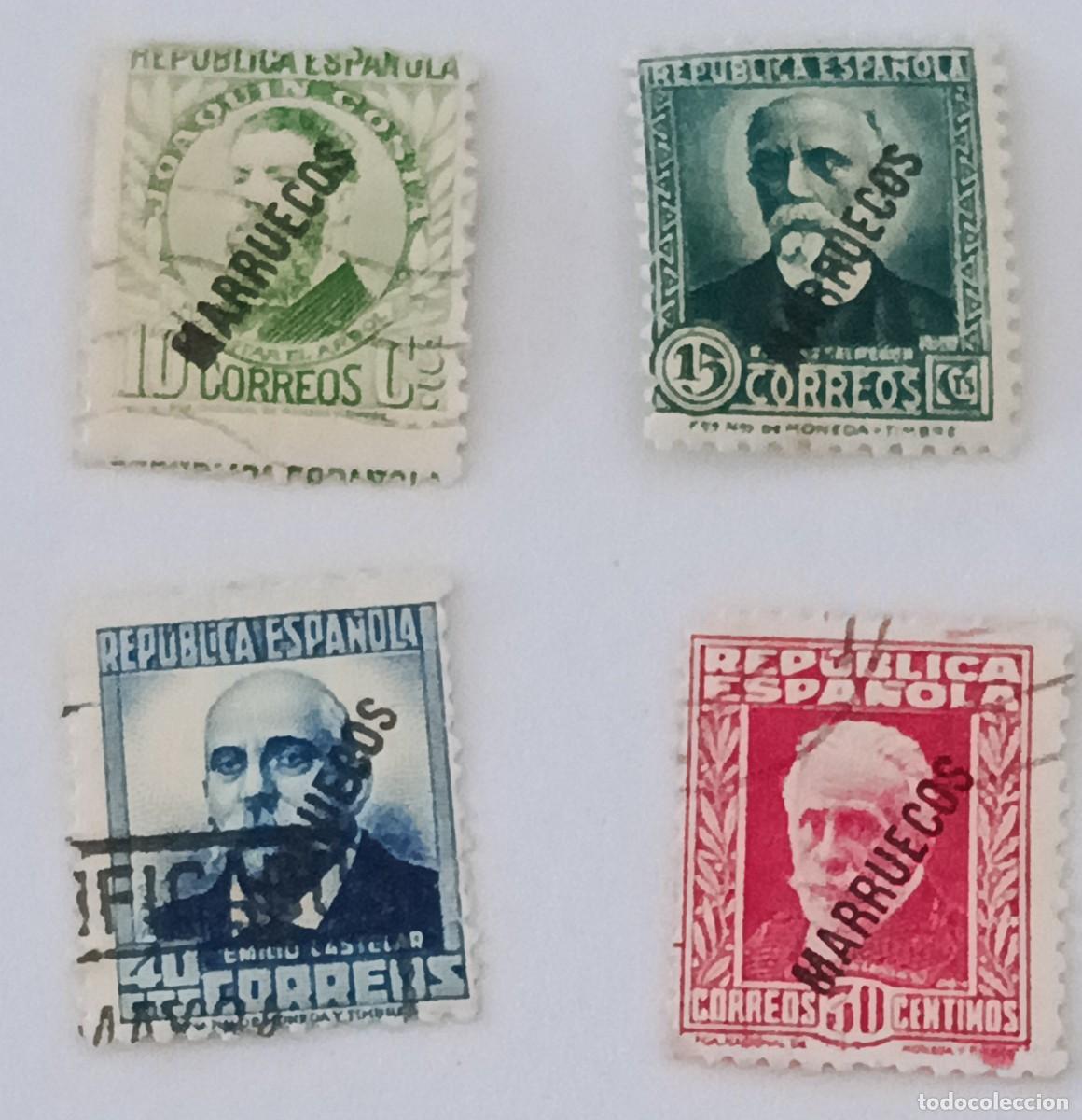 Sellos: Sellos excolonias espa&ntilde;olas Tanger 1933-1938, edifil 74, 75, 77 y 78, sello de Espa&ntilde;a habilitado.