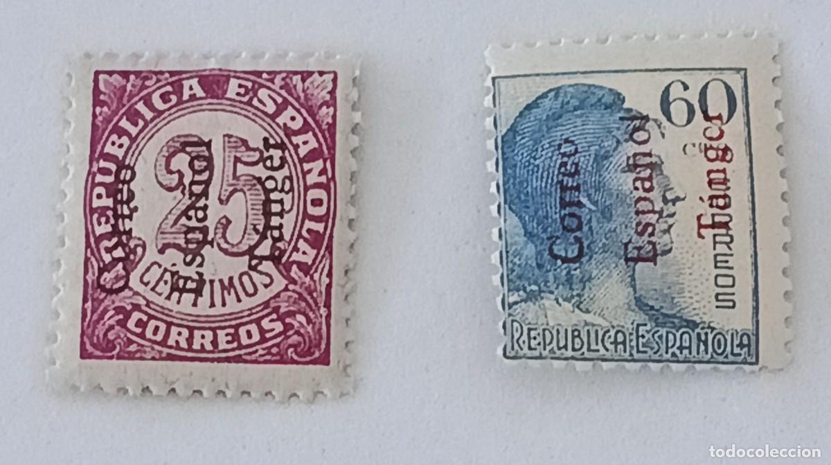 Sellos: Sellos excolonias espa&ntilde;olas Tanger 1938, edifil 100 y 105, sellos de Espa&ntilde;a habilitados