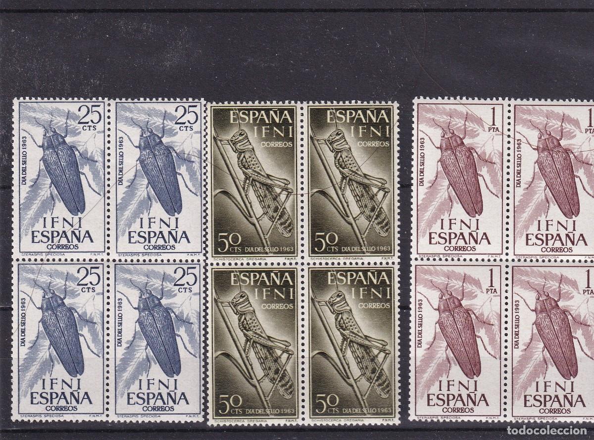 Sellos: Sellos dependencias espa&ntilde;olas IFNI a&ntilde;o 1963 EDIFIL 200/202** en bloque de 4