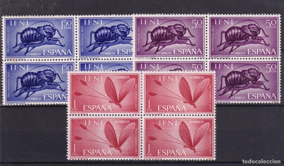 Sellos: Sellos dependencias espa&ntilde;olas IFNI a&ntilde;o 1965 EDIFIL 212/214** en bloque de 4