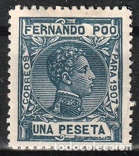 Sellos: Fernando Poo Espa&ntilde;ol edf n&ordm;162 Azul 1 pta.Sello nuevo con charnela MH.Alfonso XIII.1907