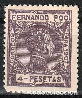 Sellos: Fernando Poo Espa&ntilde;ol edf n&ordm;165 Malva 4ptas Sello nuevo sin charnela MNH.Alfonso XIII.1907