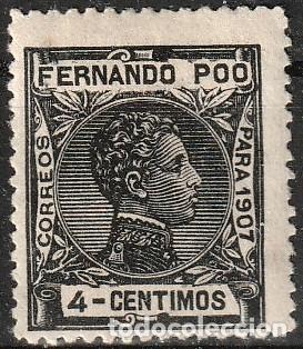 Sellos: Fernando Poo Espa&ntilde;ol edf n&ordm;155 Negro 4ct.Sello nuevo sin fijasellos MNH.Alfonso XIII.1907