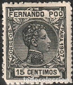 Sellos: Fernando Poo Espa&ntilde;ol edf n&ordm;158 Verde bronce 15ct.Sello nuevo con leve charnela MH.Alfonso XIII.1907