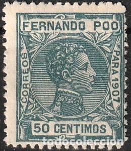 Sellos: Fernando Poo Espa&ntilde;ol edf n&ordm;160 Verde 50ct.Sello nuevo sin charnela MNH.Alfonso XIII 1907