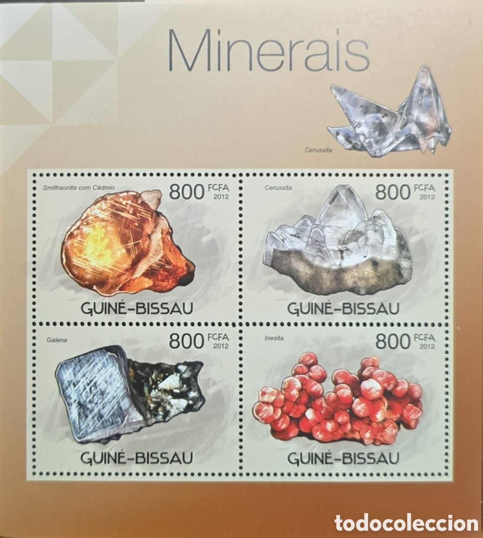 Sellos: CA)2012Guinea-BissauBloco illustrated with samples of minerals and crystals (Smithsonite, Cerussite,
