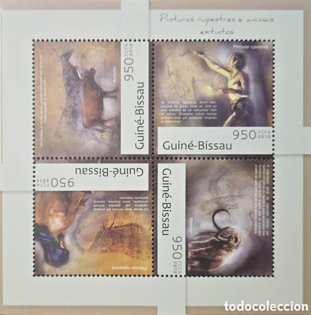 Sellos: CA)2012Guinea-Bissau. Block with illustrations of rock art and extinct prehistoric animals (such as