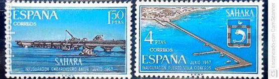 Sellos: Sahara. 260/61 Instalaciones portuarias: Embarcadero de El Aai&uacute;n y Puerto de Villa Cisneros. 1967. S