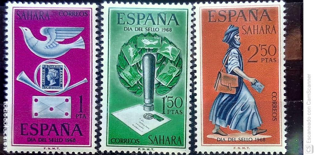 Sellos: Sahara. 268/70 D&iacute;a del Sello: Alegor&iacute;a, Matasellos y Cartero. 1968. Sellos nuevos y numeraci&oacute;n Edifi