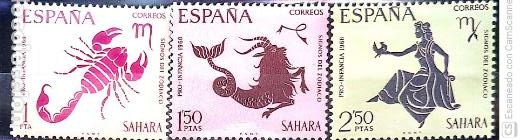 Sellos: Sahara. 265/67 Signos del zodiaco: Escorpio, Capricornio y Virgo. 1968. Sellos nuevos y numeraci&oacute;n E