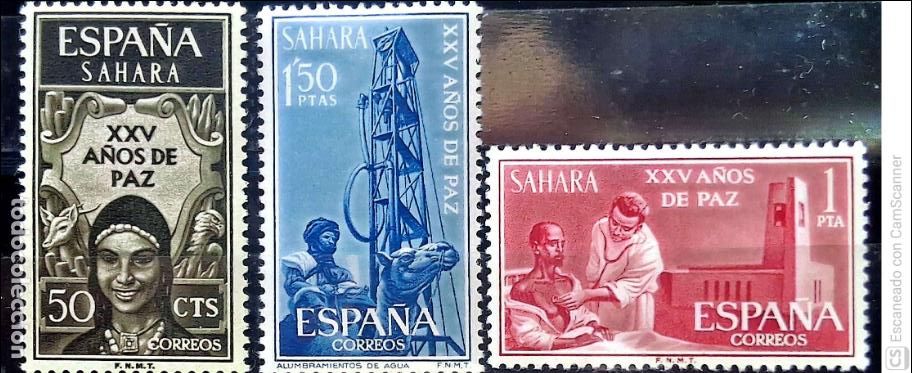 Sellos: Sahara. 239/41 XXV A&ntilde;os de Paz: Alegor&iacute;a, asistencia m&eacute;dica y prospecciones. 1965. Sellos nuevos y n