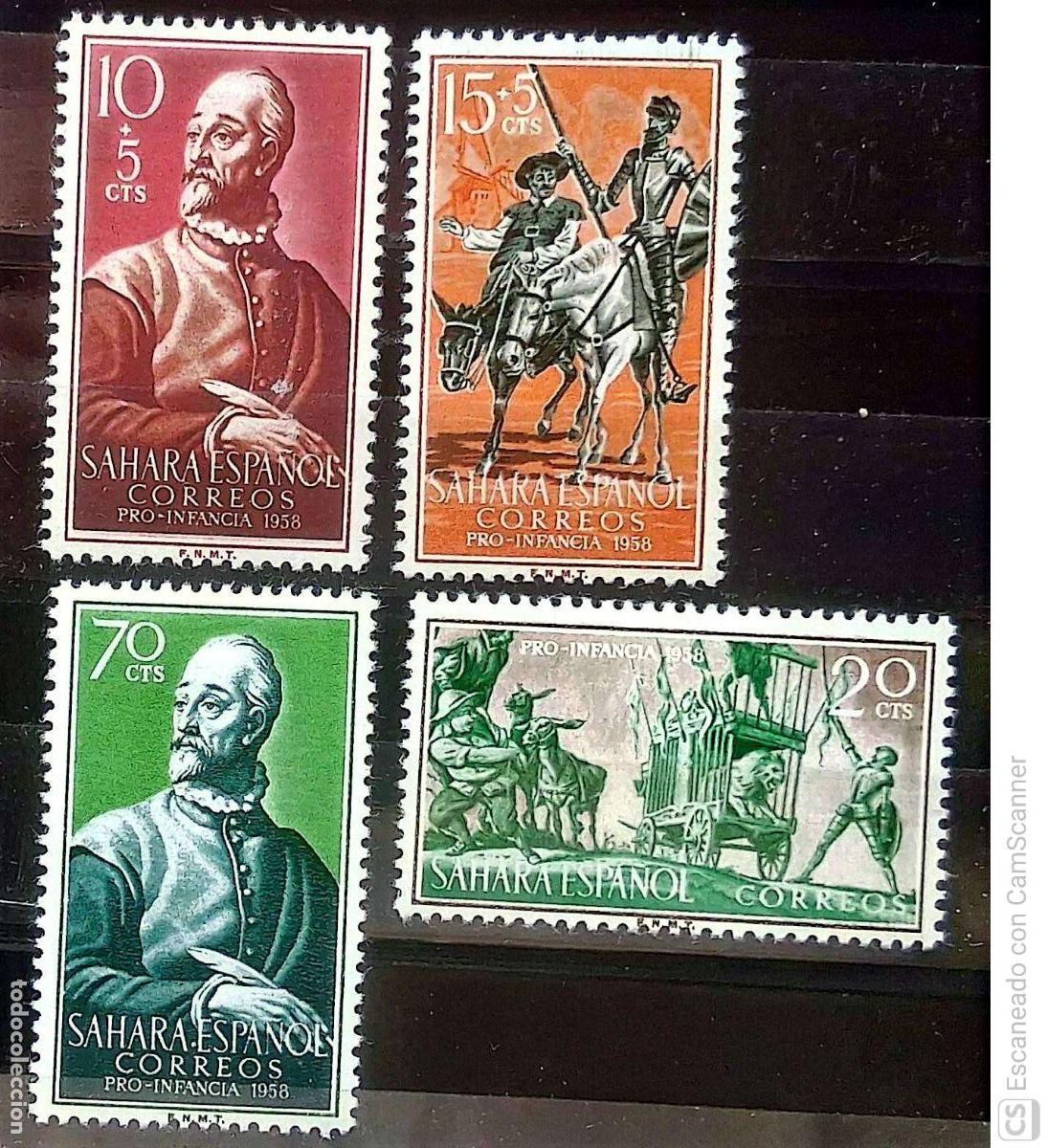 Sellos: Sahara. 149/52 Pro-Infancia: Miguel de Cervantes, D. Quijote y Sancho Panza y Aventura del le&oacute;n. 195