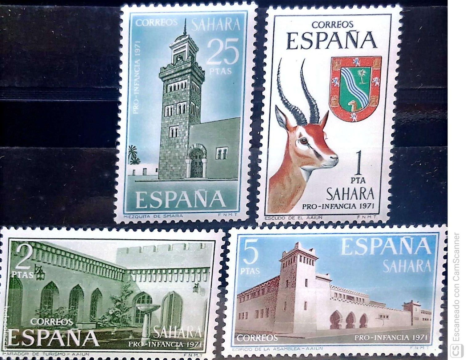 Sellos: Sahara. 288/91 Pro-Infancia: Escudo de El Aai&uacute;n, Parador de turismo, Edificio de la Asamblea y Mezqu