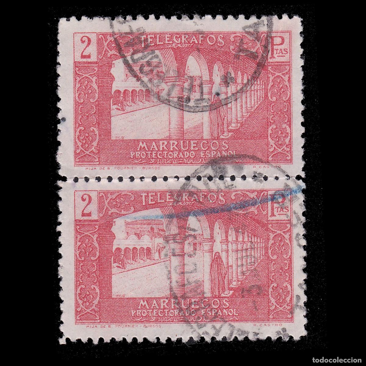 Sellos: MARRUECOS Espa&ntilde;a TEL&Eacute;GRAFOS. 1938 .2p. Blq2.Usado. Edifil 47. + Obsequio